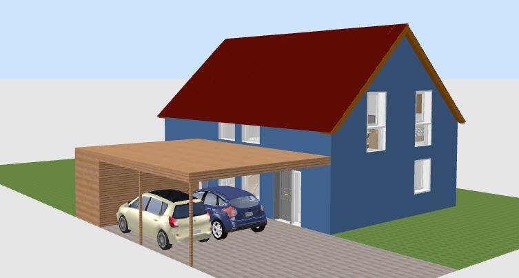 Blaues Einfamilienhaus mit rotem Dach und Carport in 3D-Darstellung.