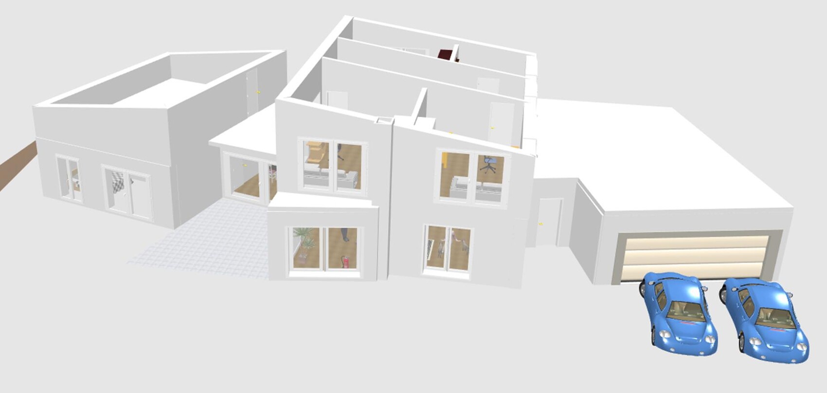 3D-Hausmodell mit Garage, zwei blaue Autos und sichtbare Innenräume