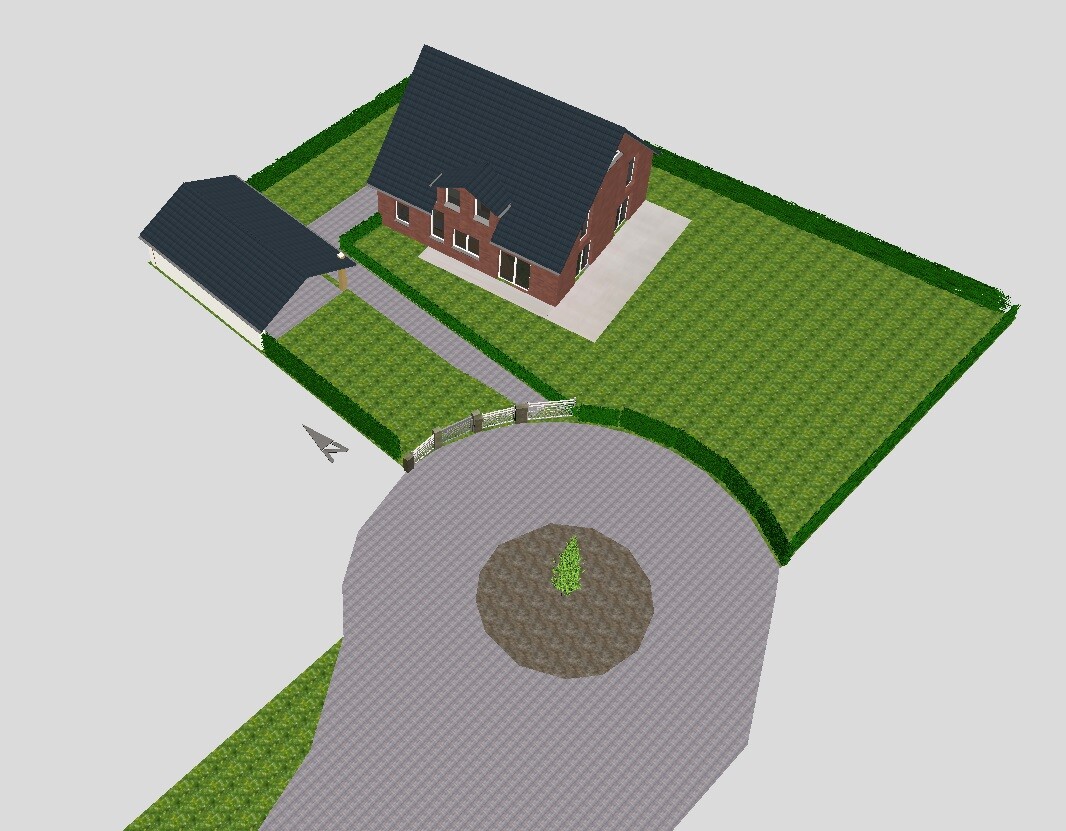Isometrische 3D-Darstellung eines Hauses mit Garage, grünem Garten und runder Zufahrt mit Inselpflanze.