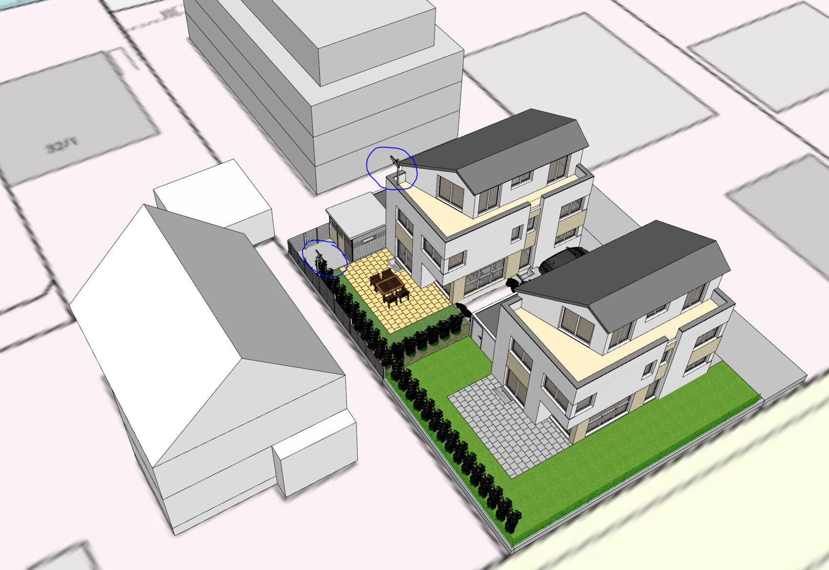 3D-Architekturmodell eines modernen Mehrfamilienhauses mit Hofgarten, Terrasse und Zaun