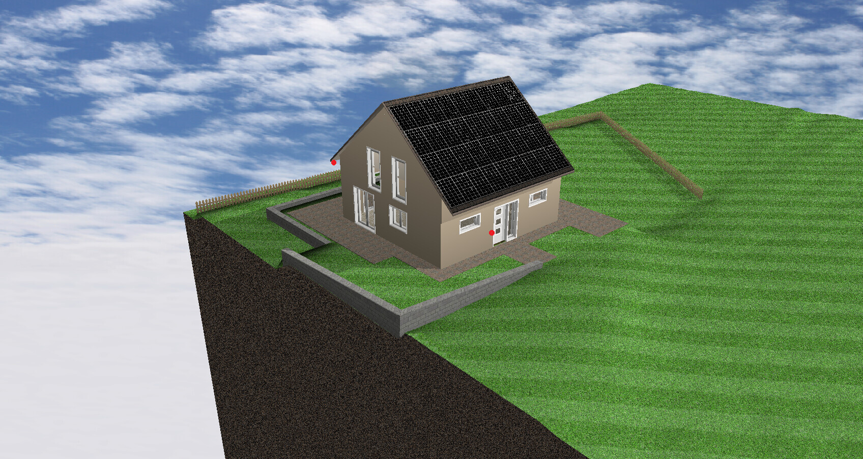 3D-Render: Einfamilienhaus mit Solarmodulen auf grünem Hang an einer Klippe