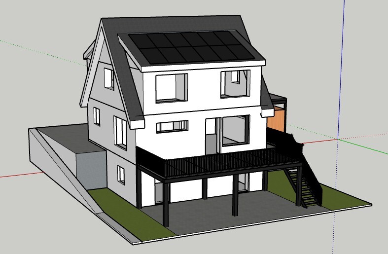 Zweistöckiges Hausmodell mit Solarpanelen, Terrasse, Außentreppe und Garage.