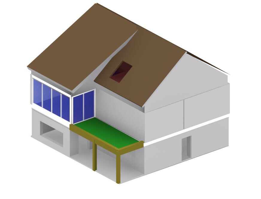 3D-Modell eines modernen Hauses mit braunem Dach, Glasfronten und Terrasse