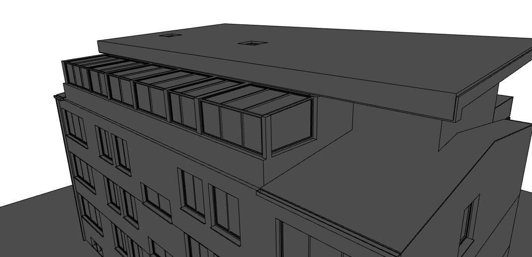 3D-Modell eines modernen mehrgeschossigen Gebäudes mit Terrassen