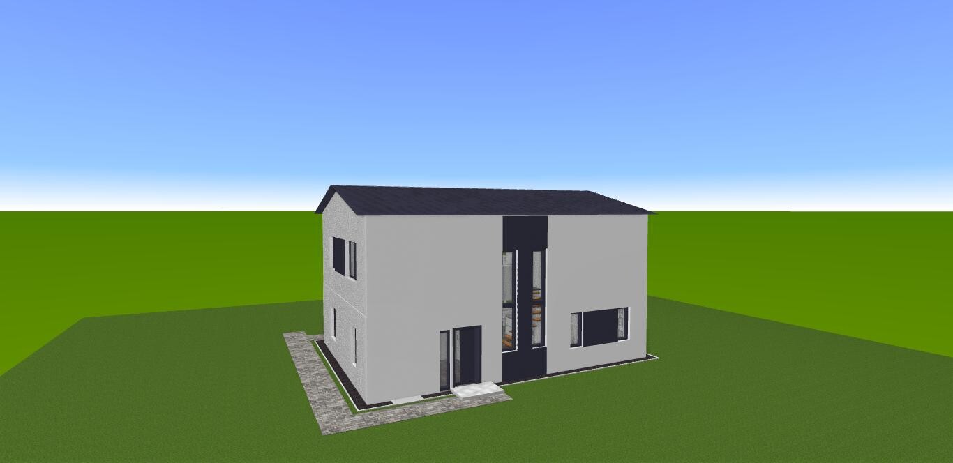 3D-Modell eines modernen Hauses auf grünem Rasen mit grauer Fassade