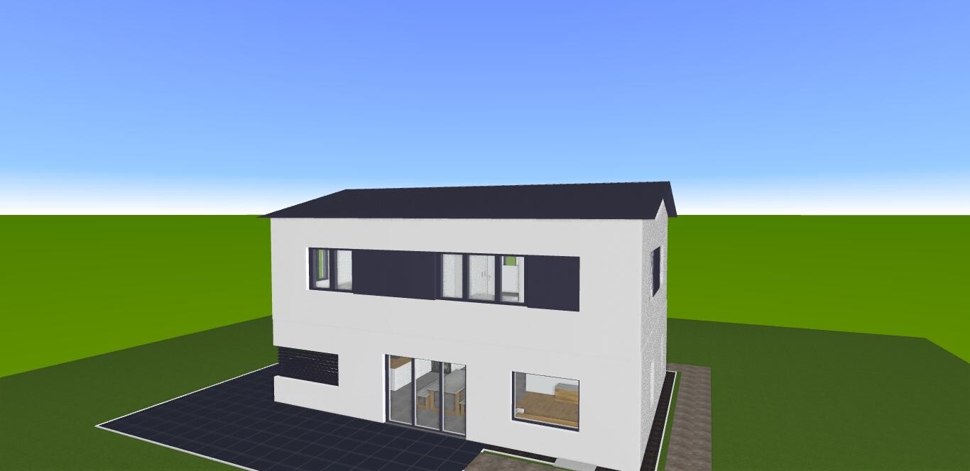 Modernes zweigeschossiges weißes Haus mit dunklem Dach und Terrasse, 3D-Modell