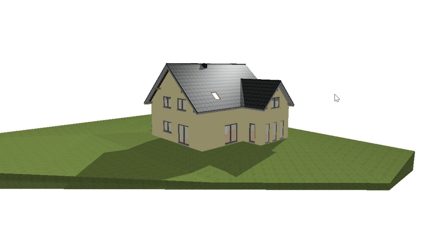 Zweistöckiges, beige Haus mit grauem Ziegeldach auf grünem Grundstück (3D-Rendering).