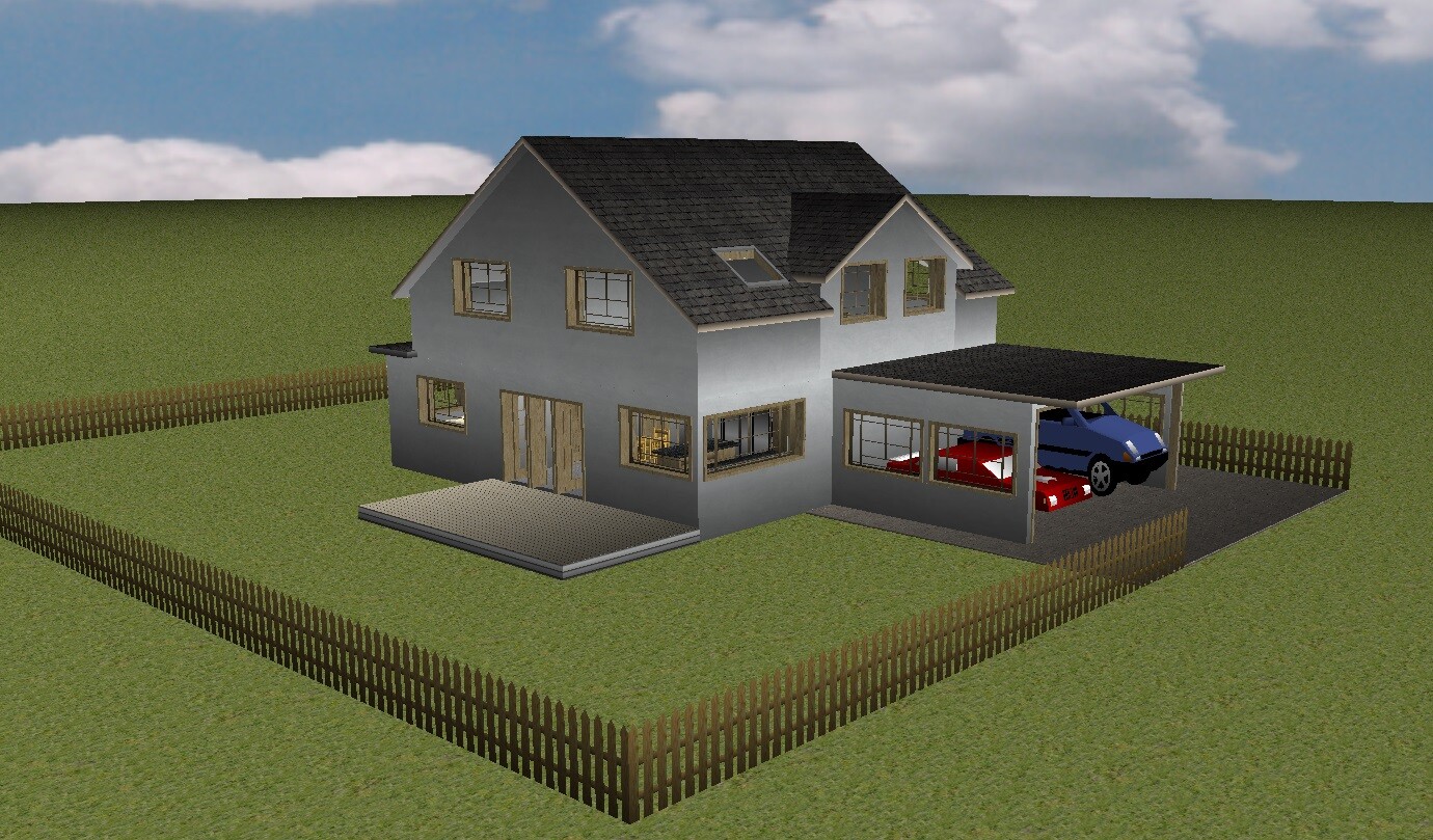 Zweistöckiges graues Haus mit dunklem Dach, Carport mit geparkten Autos, umzäuntes Grundstück.