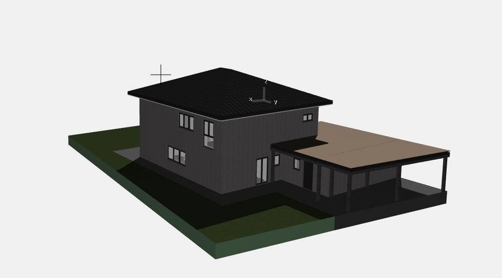 Isometrische Darstellung eines modernen, dunklen zweistöckigen Hauses mit Anbau auf grünem Grundstück.