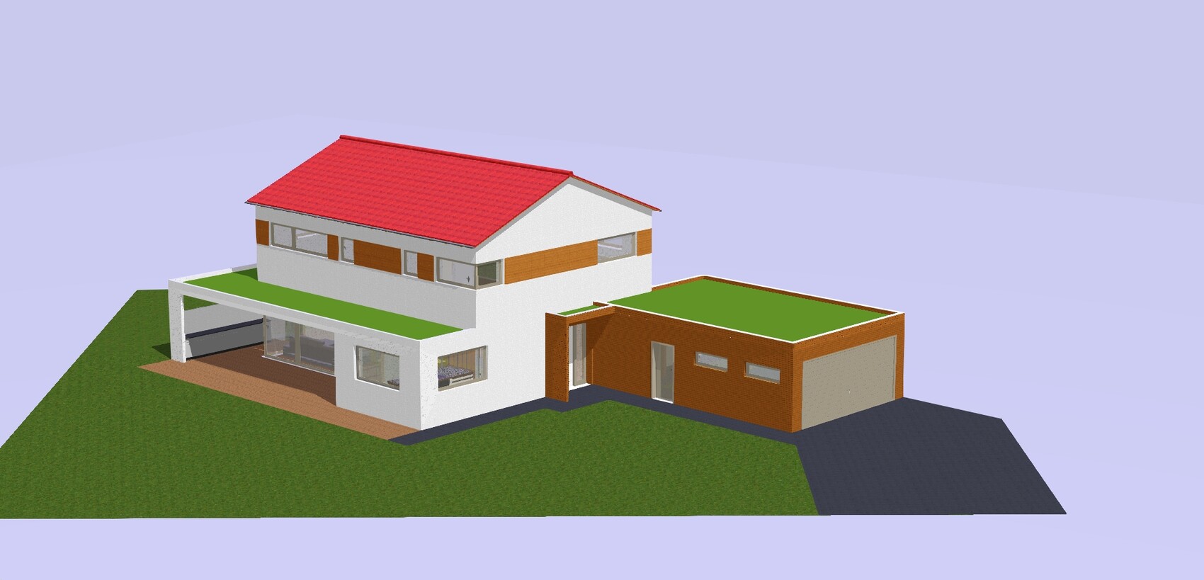 Modernes Haus mit rotem Dach, weißem Obergeschoss, braunen Akzenten und Gründach.