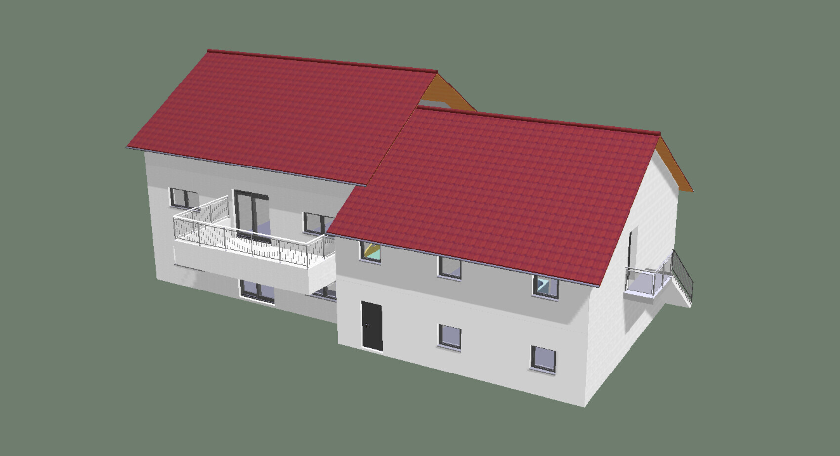 3D-Hausmodell mit rotem Ziegeldach, Balkon und weißen Wänden