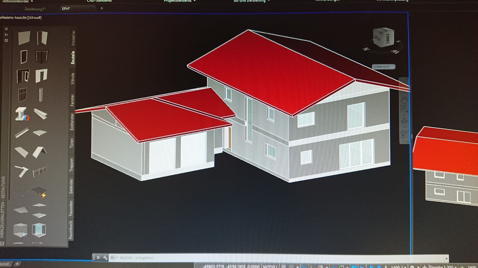 3D-Hausmodell mit rotem Dach und grauer Fassade in Architektursoftware