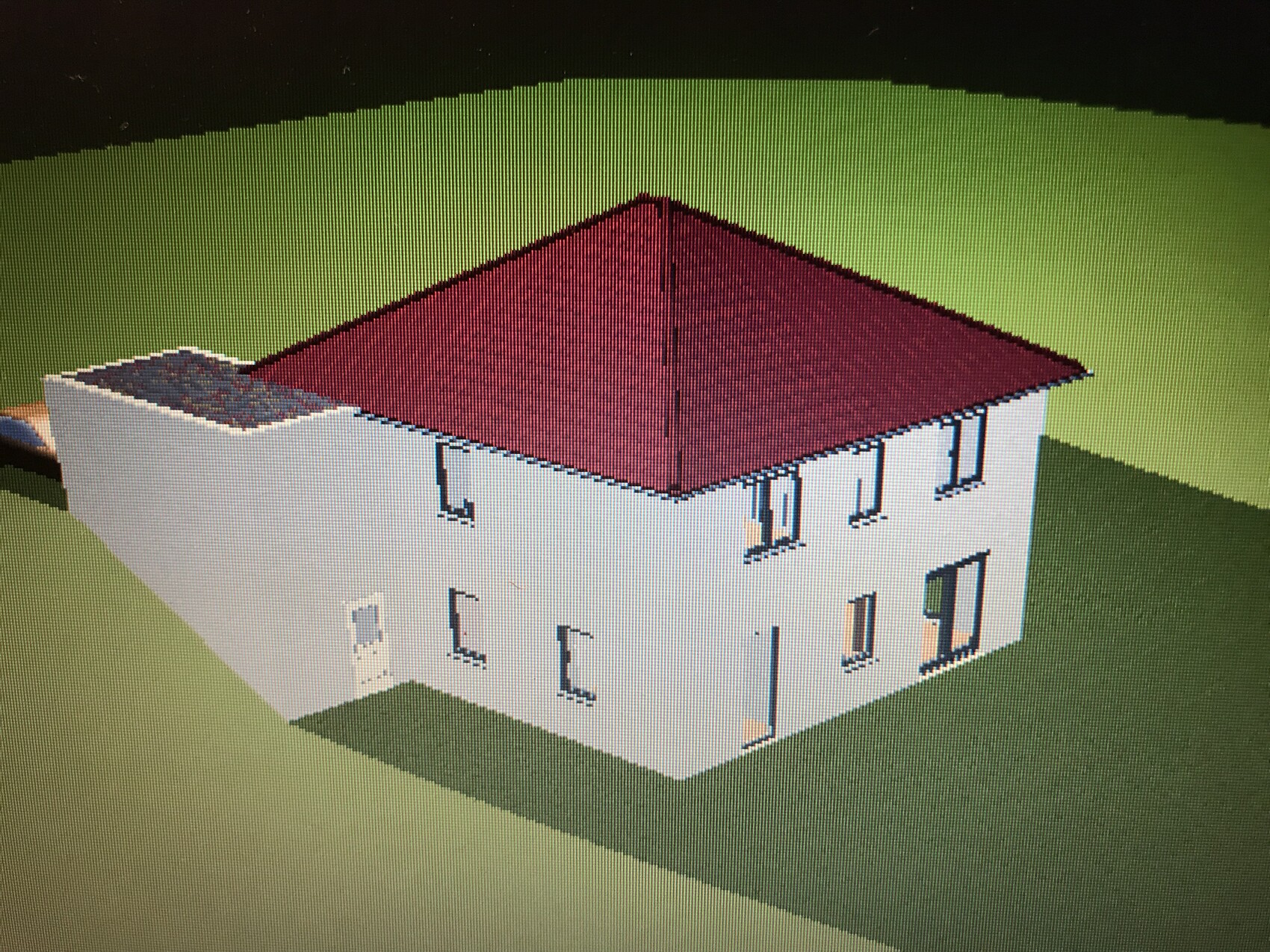 3D-Modell eines weißen, zweistöckigen Hauses mit rotem Dach und Fenstern.