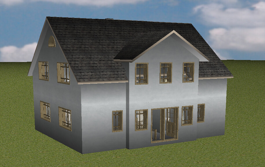 3D-Hausmodell eines grauen Hauses mit dunklem Dach auf gruenem Rasen