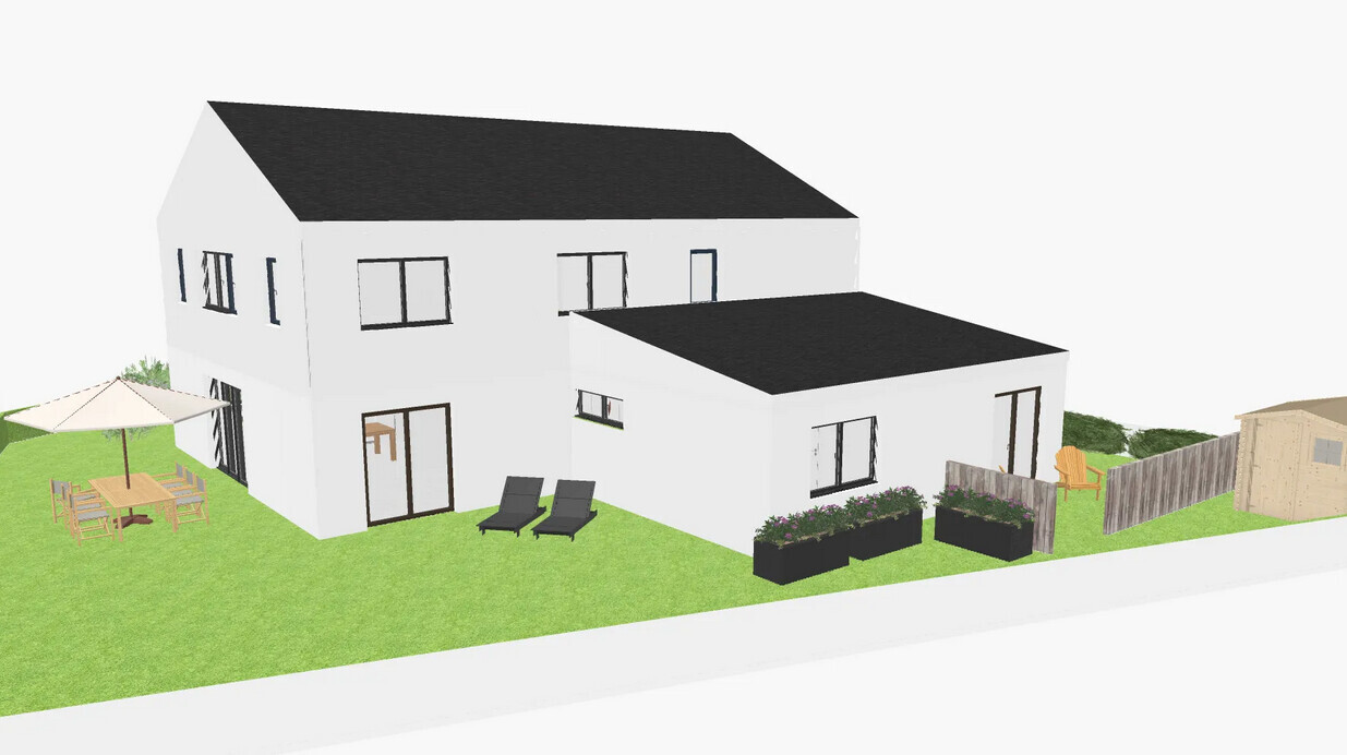 Weißes zweigeschossiges Haus mit Flachdach-Anbau, Garten, Loungebereich und Gartenmöbeln