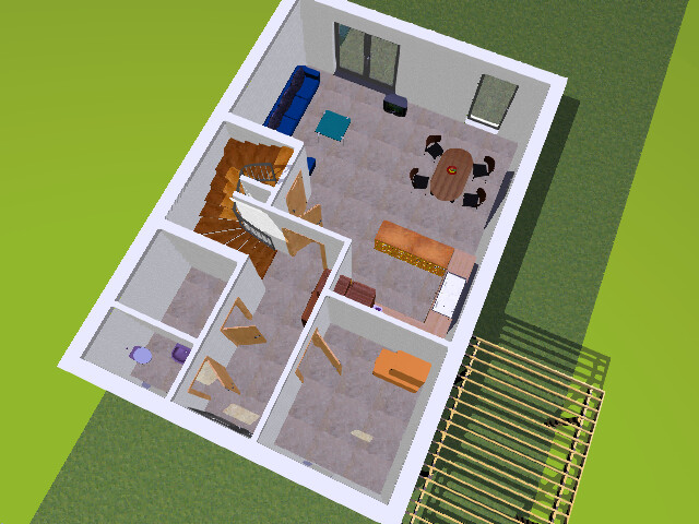 Draufsicht auf 3D-Hausgrundriss: Wohnzimmer, Esstisch, Küche, Treppe, Flur.