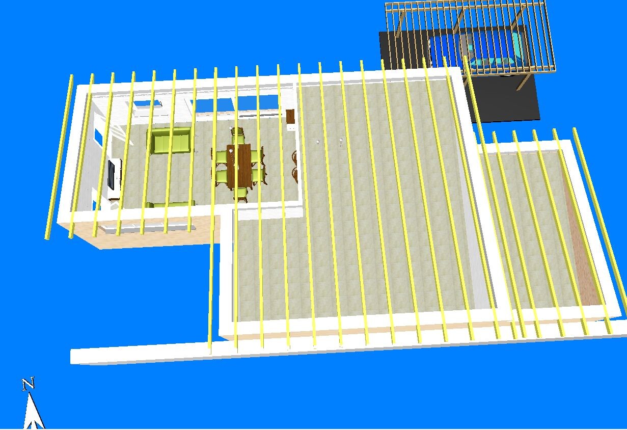 3D-Plan eines Hauses: Innenraum mit Esstisch, Stühlen, Sofa, TV; gelbe Dachbalken.