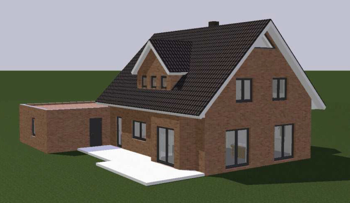 3D-Modell eines roten Ziegelhauses mit Satteldach und Anbau auf grünem Rasen