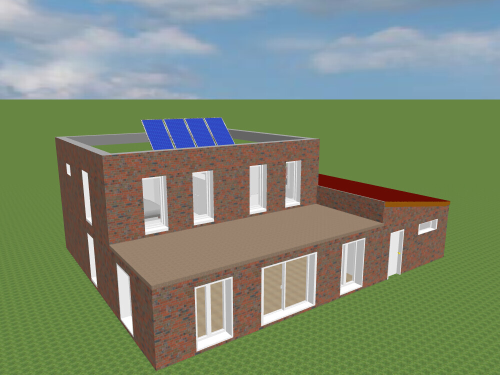3D-Modell eines roten Ziegelhauses mit Solaranlagen auf dem Dach vor grünem Grundstück