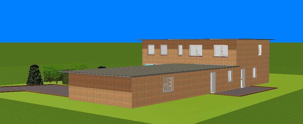 3D-Hausmodell mit Ziegelwänden, Flachdach und Gartenfläche