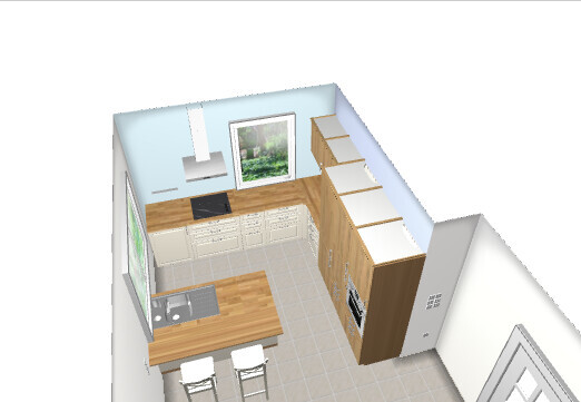 3D-Küche: Insel mit Barhockern, L-förmige Arbeitszeile, Dunstabzug, Backofen, Fensterblick.