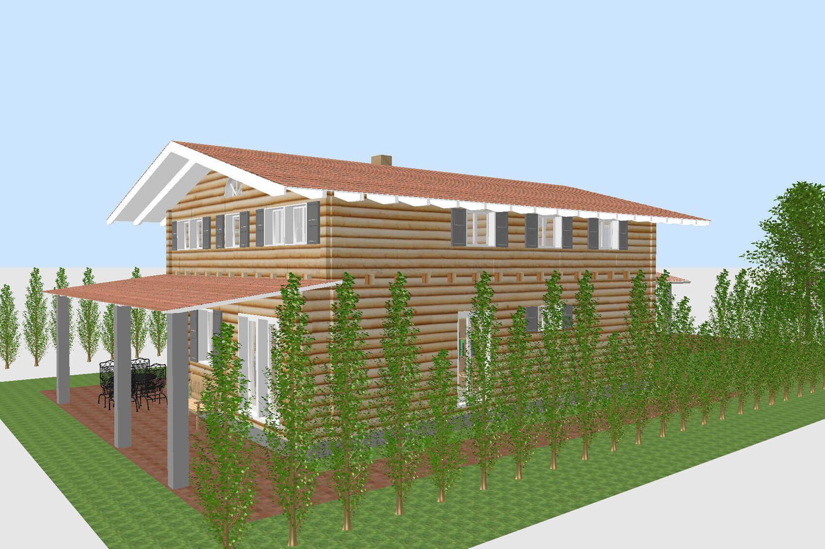 Zweistöckiges Loghaus aus Rundholz mit rotem Ziegeldach, Terrasse unter Pergola und grünem Garten.
