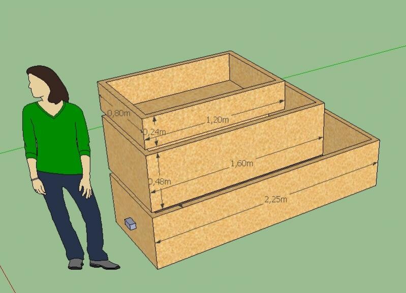 3D-Modell einer Holzstufen-Treppe mit Maßangaben und einer Person daneben