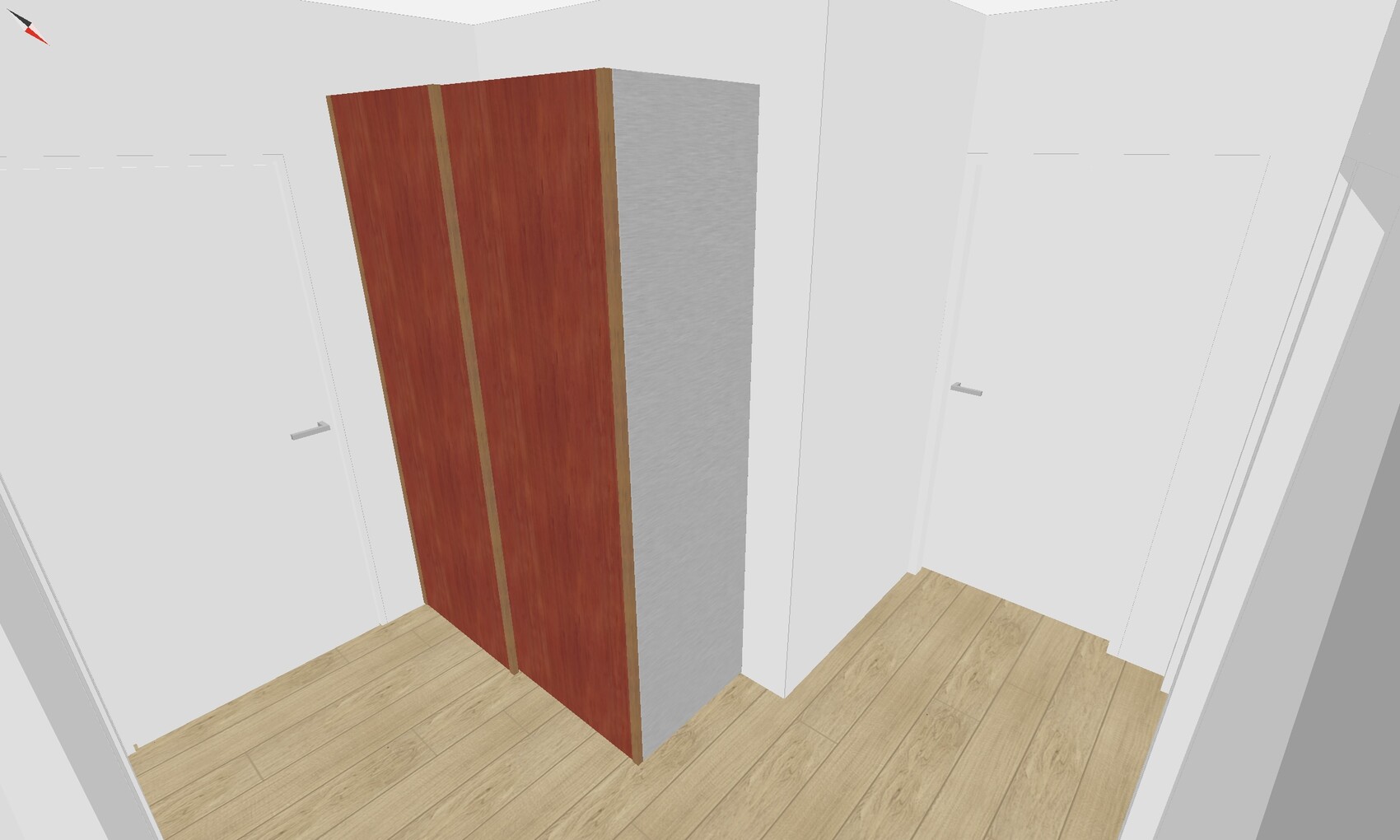 Dreidimensionales Bild eines roten Holzschranks mit grauer Seite in einem weißen Raum mit Holzboden.