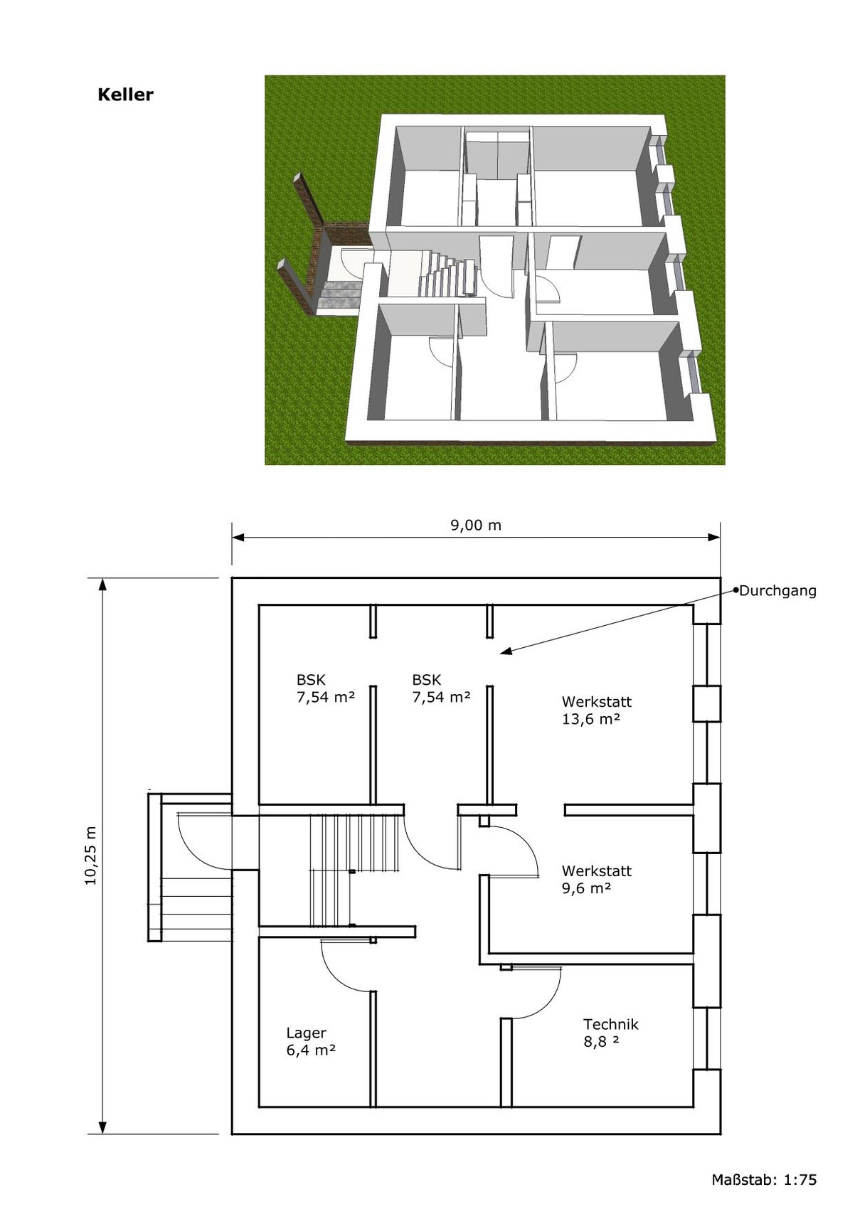 Grundriss Kellergeschoss mit Werkstatt, Lager, Technik und BSK-Räumen