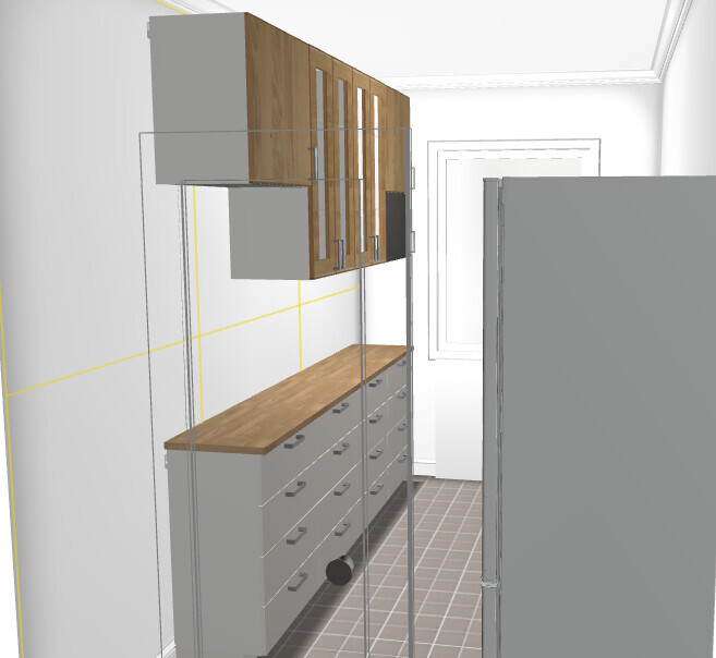 3D Küchenansicht mit grauen Unterschränken, Holzarbeitsplatte und Hängeschränken in schmaler Küche