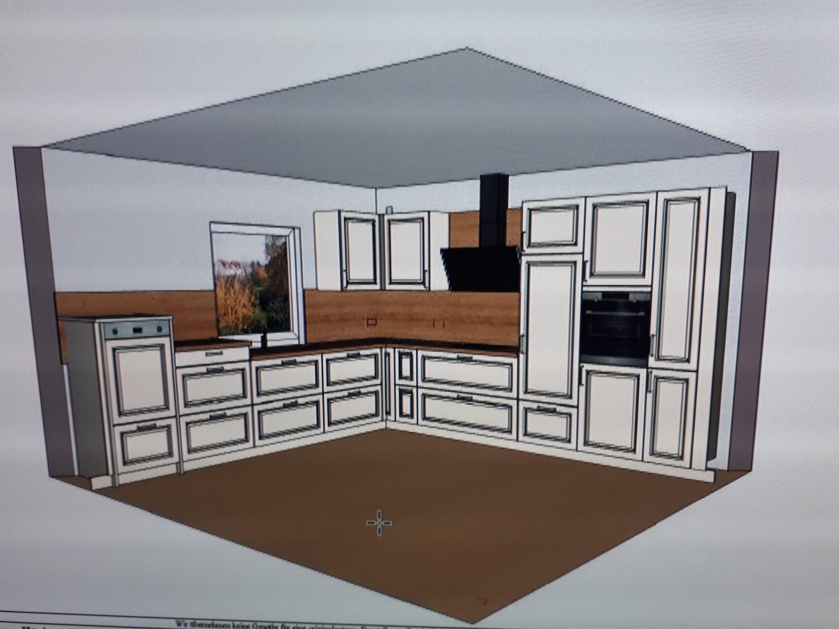 3D-Küchenlayout in U-Form mit weißen Fronten, Holz-Arbeitsplatte, schwarzer Dunstabzug, Backofen.