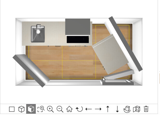 Topansicht einer 3D-Küche mit Spüle, Arbeitsplatte und Schränken im Grundriss.