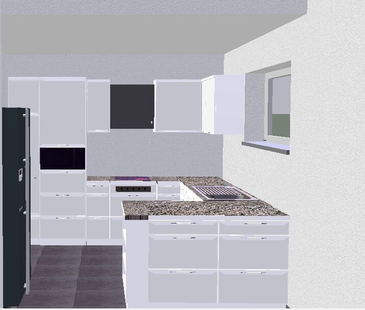 Moderne 3D-Küche mit Insel, weißen Schränken und Granitplatten.