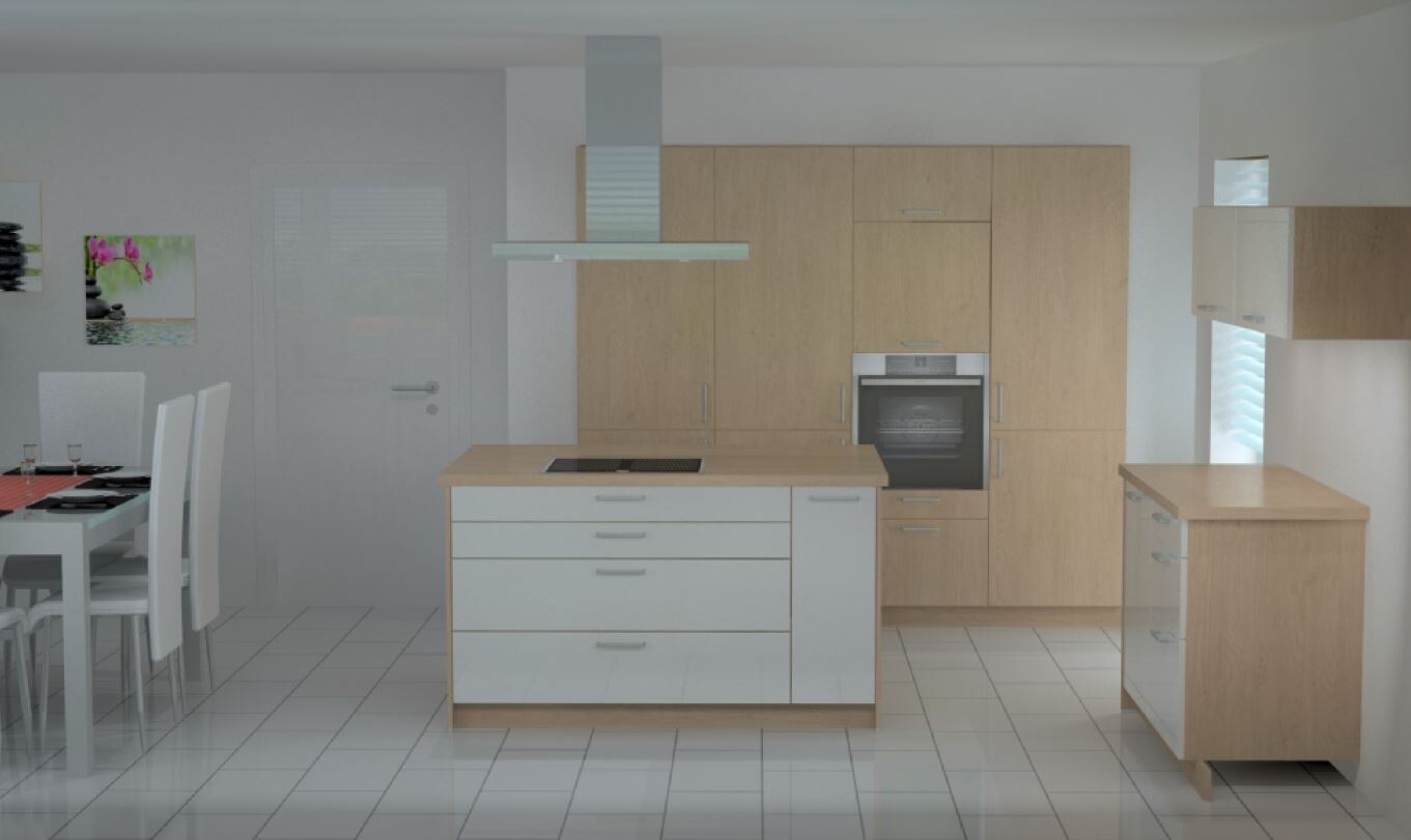 Moderne helle Küche mit Holzelementen, Kochinsel und Essbereich