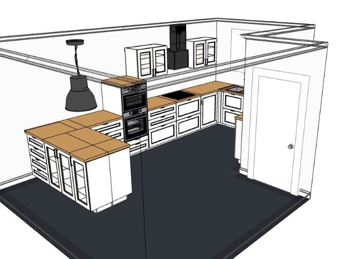 3D Küchenrender einer Küche mit Insel, Arbeitsplatten und Geräten in heller Einbauküche