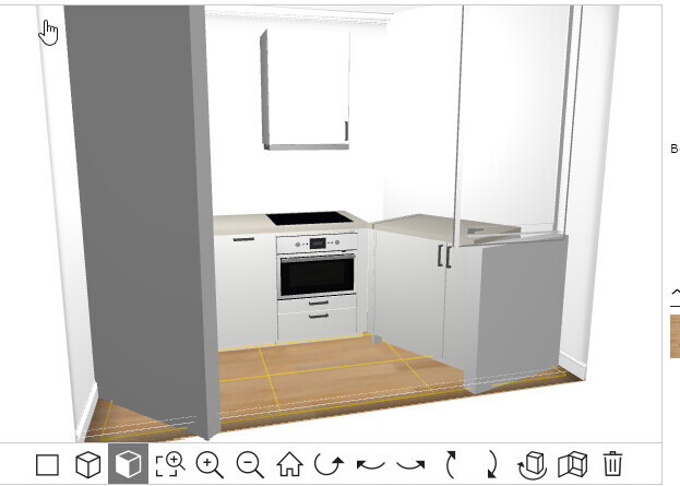 3D-Küchenbereich mit Ofen, Unterschränken und Arbeitsplatte in einer Eckküche.