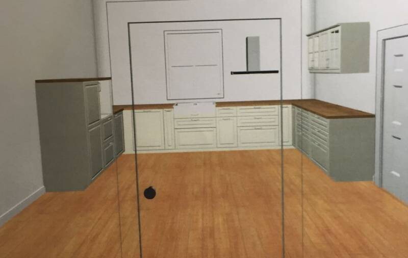 3D-Küche mit Holzboden, hellen Unterschränken und Glasfront im Vordergrund