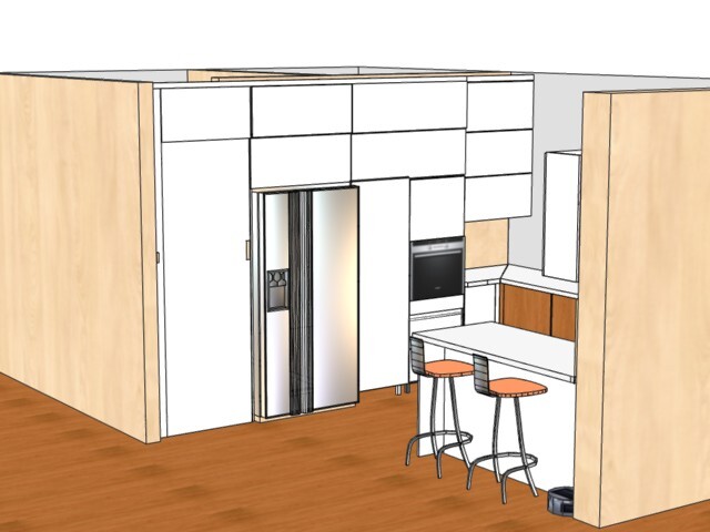 Moderne Einbauküche mit Insel, Kühlschrank, Backofen und zwei Barhockern