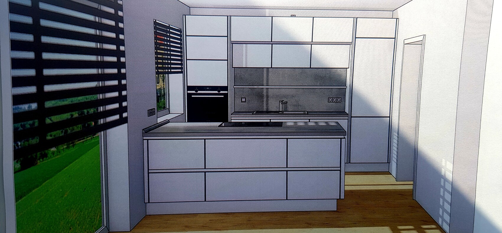 Moderne Küche mit Insel, Ofen, Spüle, Schränken und Fenster mit Jalousien.