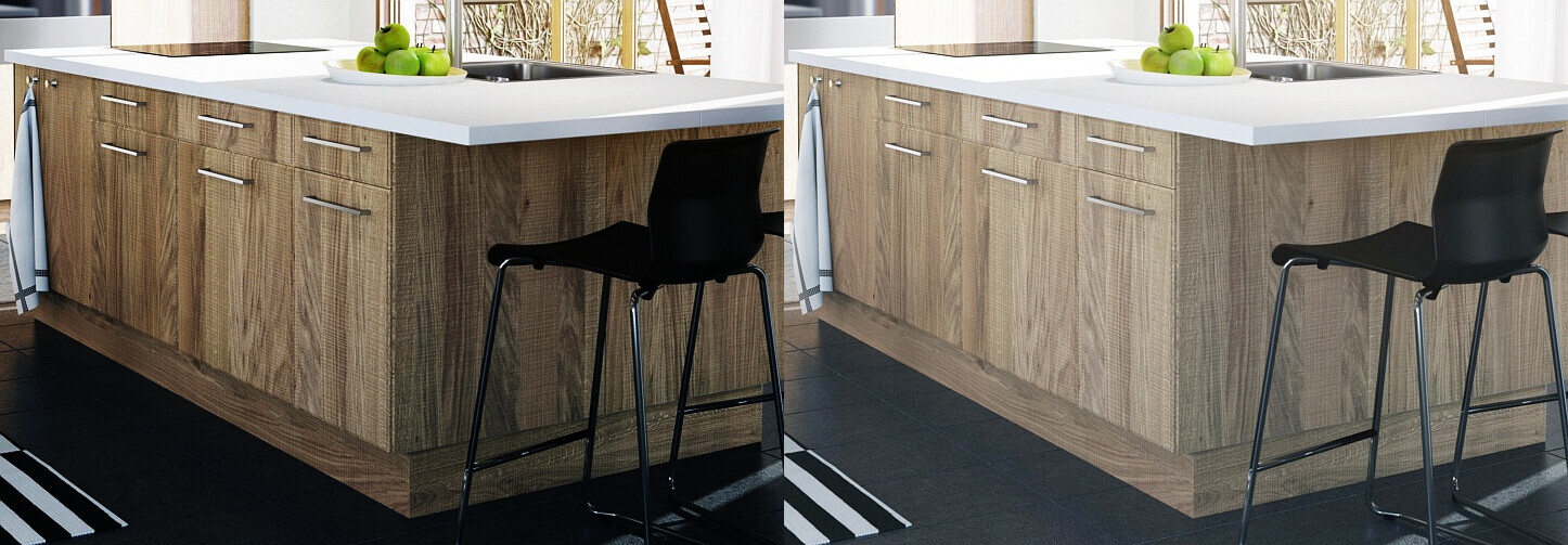 Moderne Küche mit Holzfronten, heller Arbeitsplatte, zwei Barhocker an einer Kücheninsel