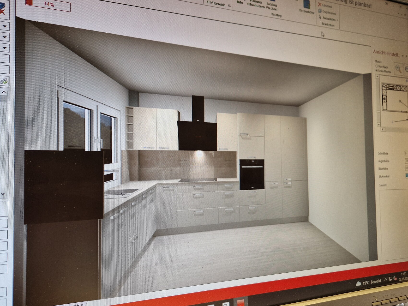 3D-Küchenrendering: weiße Unterschränke, obere Schränke, schwarze Dunstabzugshaube, Backofen.