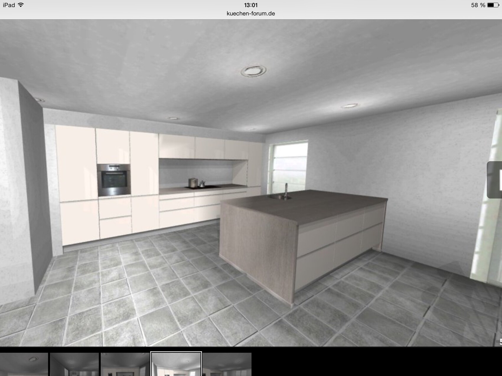 Moderne 3D-Küche mit Insel, weiße Schränke, Ofen und Spüle