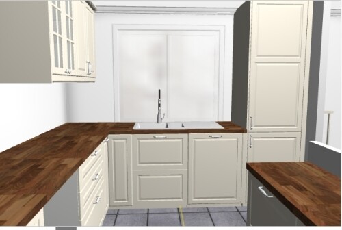 Küche mit weißen Fronten, Holz-Arbeitsplatten, zentrale Spüle und freistehende Theke.