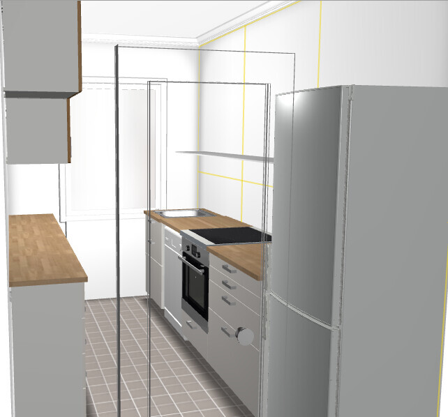 3D-Küche mit Arbeitsplatte, Ofen, Herd und Kühlschrank in moderner Küchenzeile.