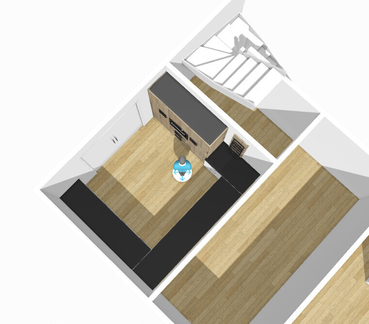 3D-Küche mit L-förmiger Arbeitszeile, Hängeschränken und Holzfußboden – Modellansicht