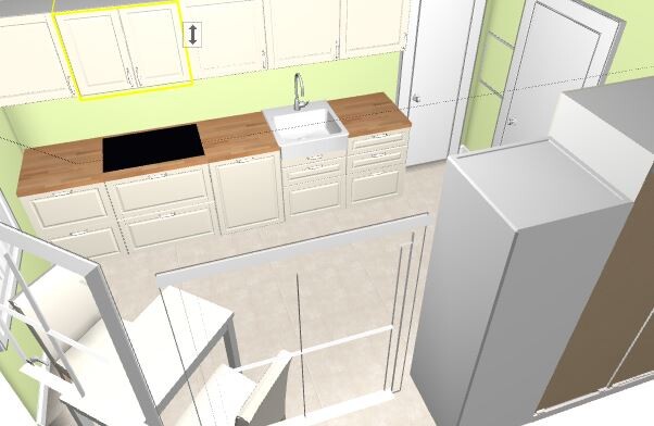3D-Rendering einer Küchenzeile mit Spülbecken, Herd und Arbeitsplatte