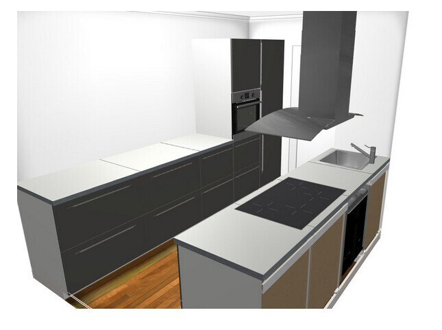 Moderne Küchenzeile mit Insel: Kochfeld, Spüle, Dunstabzug, graue Schränke.