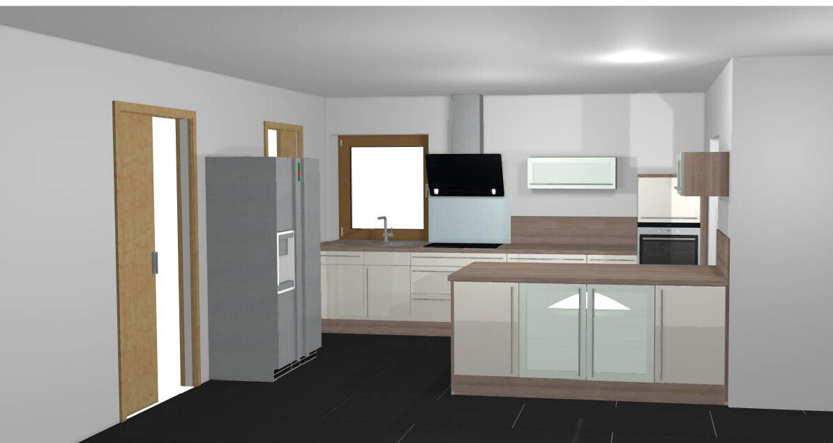 3D-Küche mit Insel, Kühlschrank, Backofen und Spüle in moderner Küchenzeile