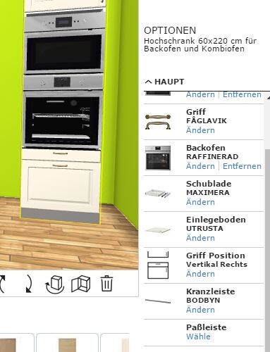 Neongrüner Hochschrank neben integrierten Edelstahl-Backöfen auf Holzfußboden.