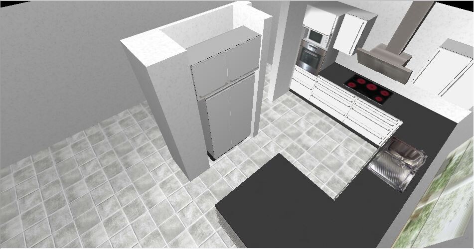 3D-Kuechenansicht mit Kuehlschrank, Ofen, Kochfeld und Spuele in moderner Kuche